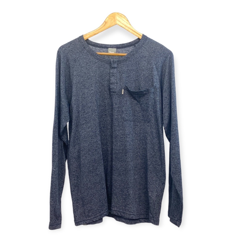 BENCH Mens Long Sleeve Partial Button Crew Neck Raglan Cut Blue Size Large